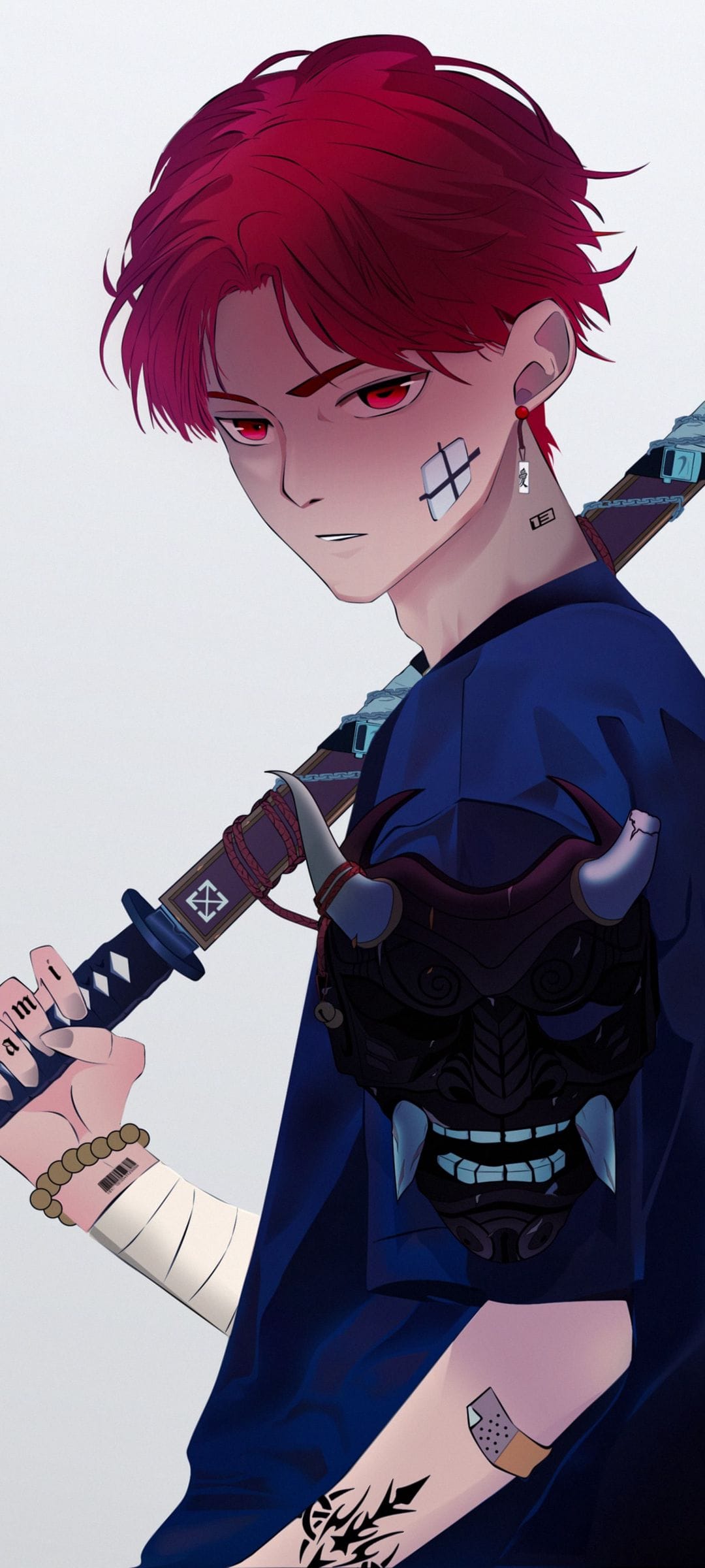 Red-haired boy with red eyes holding a katana over his shoulder with a demon mask and facial band-aids.