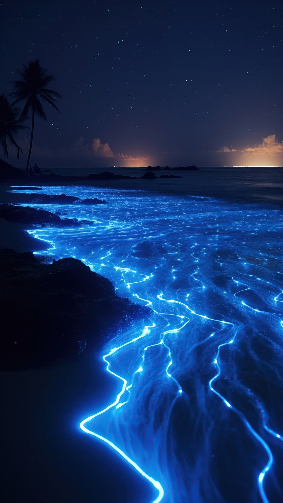 Bioluminescent blue waves wash over a sandy shore beneath a starry sky and silhouetted palm trees at night.