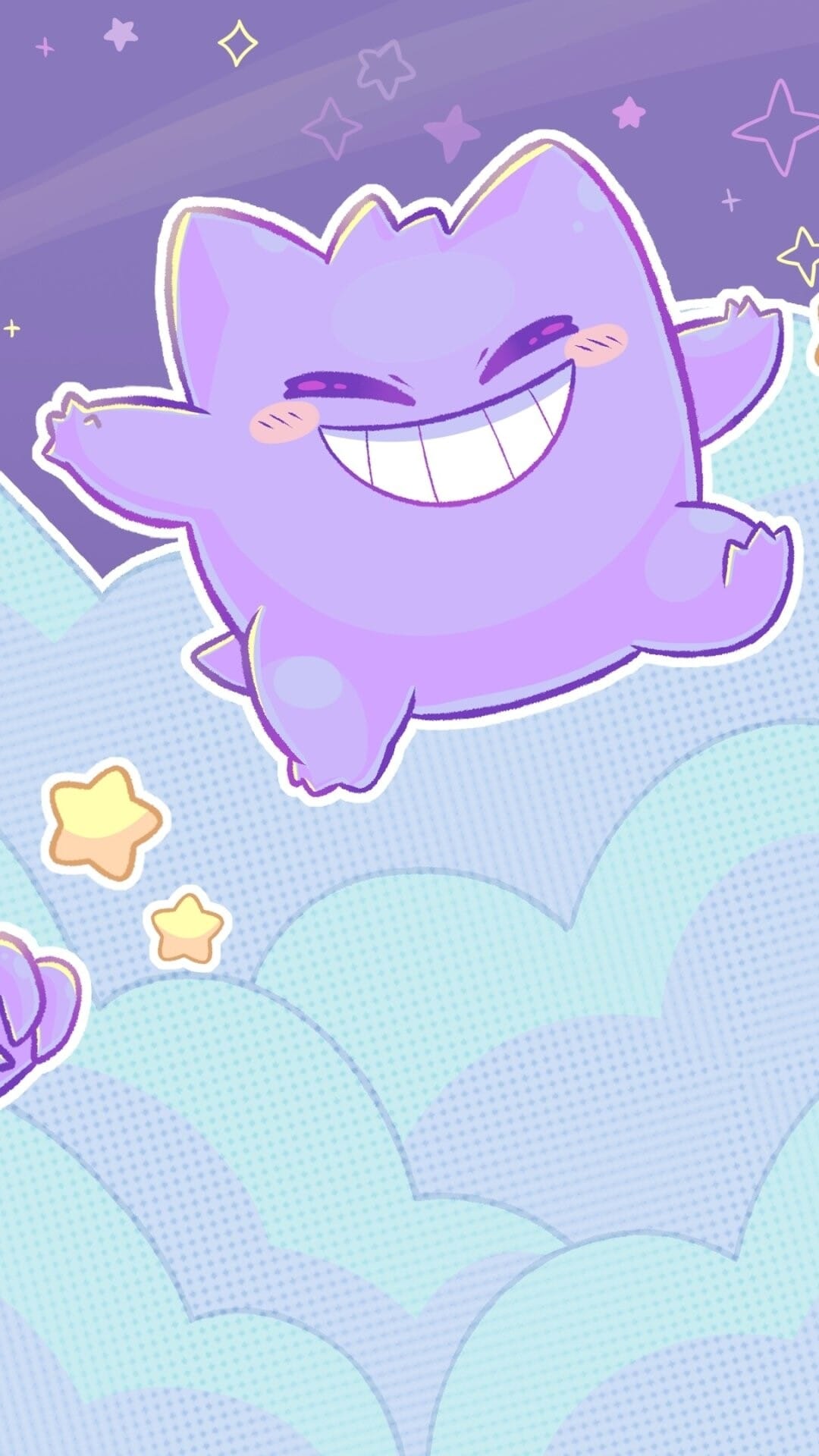 Purple Gengar with a wide toothy grin floating in a pastel sky with mint green clouds and yellow stars.