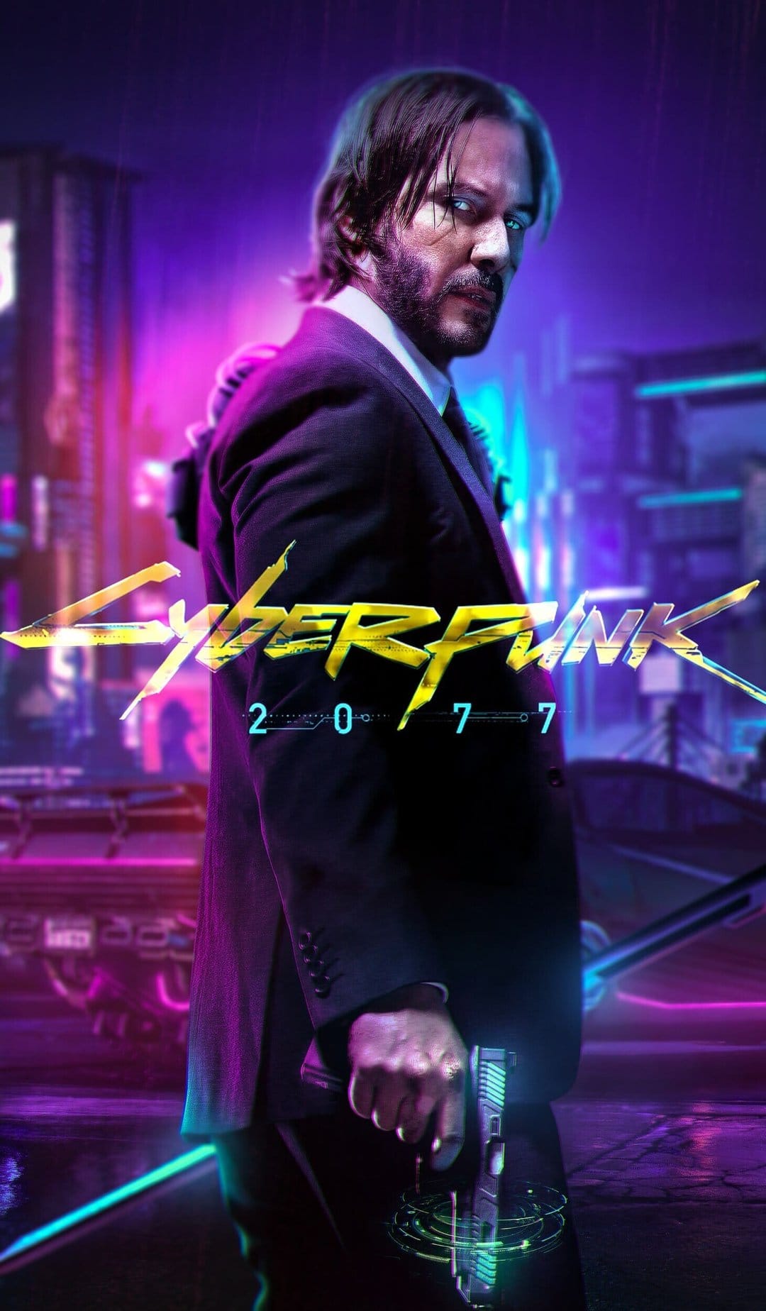 Man in a suit holding a pistol in a neon purple and blue cyberpunk city with Cyberpunk 2077 logo.
