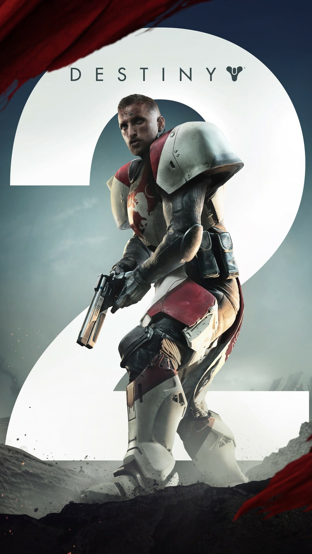 A Titan in red and white armor holds a handgun in front of a giant white number two against a dark blue sky.