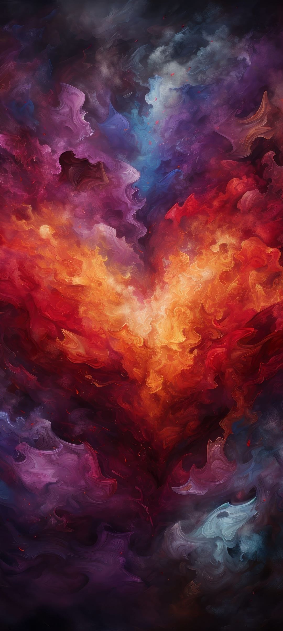 Heart-shaped nebula with glowing red and orange gases surrounded by violet swirls in a dark cosmic environment.