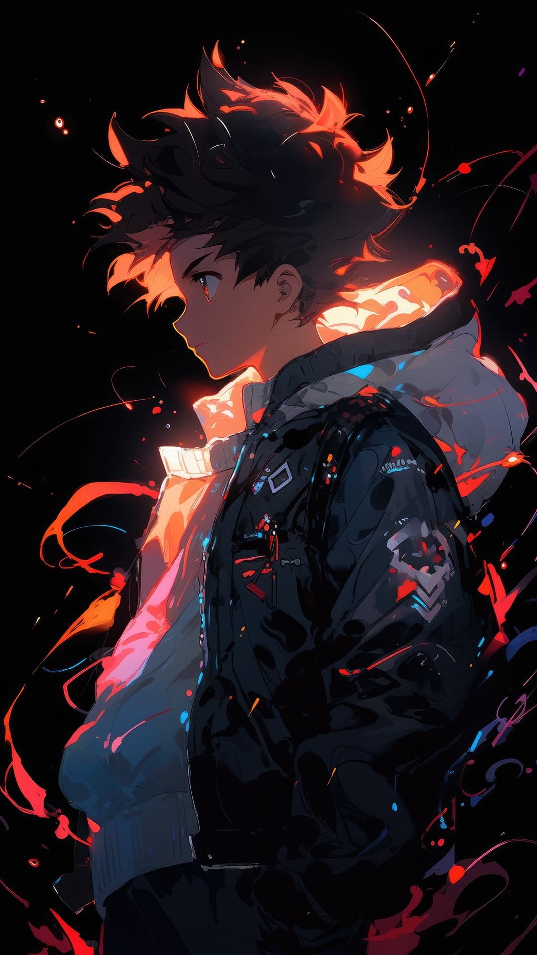 Spiky orange-haired young man in a black jacket and white hoodie stands against a dark, neon-streaked backdrop.