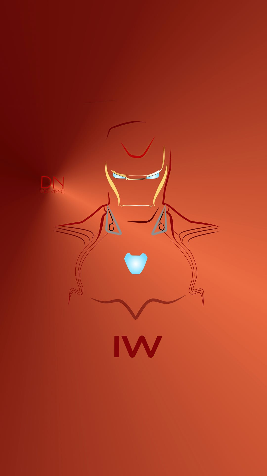 Iron Man's helmet and glowing blue arc reactor outline centered on a vibrant orange and yellow gradient background.