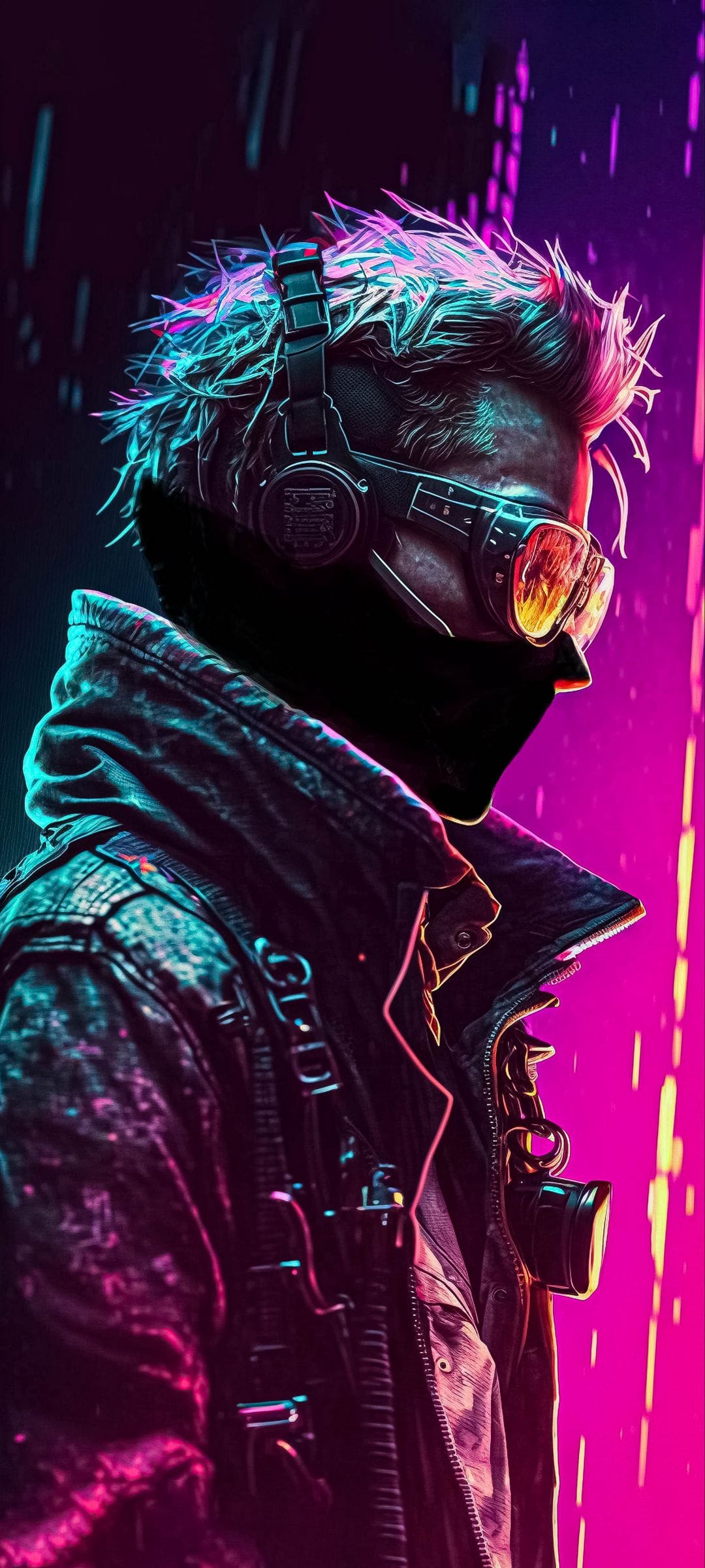 Person wearing futuristic headphones and glowing goggles stands against a blurred neon cityscape at night.