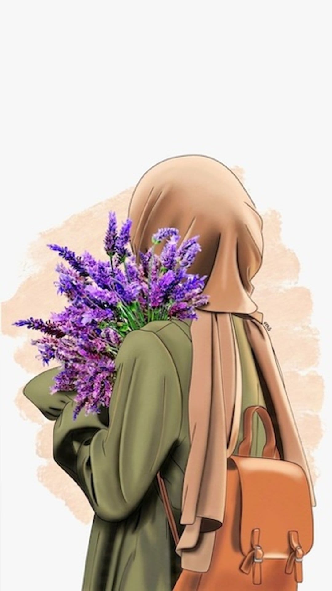 Woman in a tan hijab and green dress holds a lavender bouquet while wearing a tan backpack against beige art.