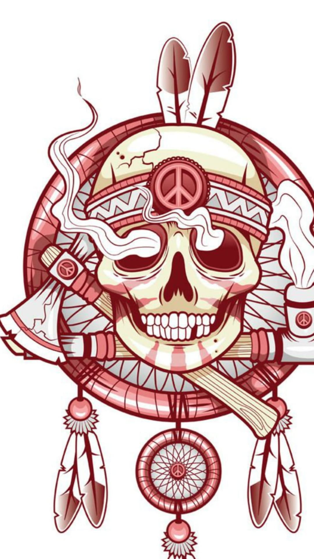 Native American skull wearing a feathered war bonnet with crossed tomahawks and a dreamcatcher in red and cream.