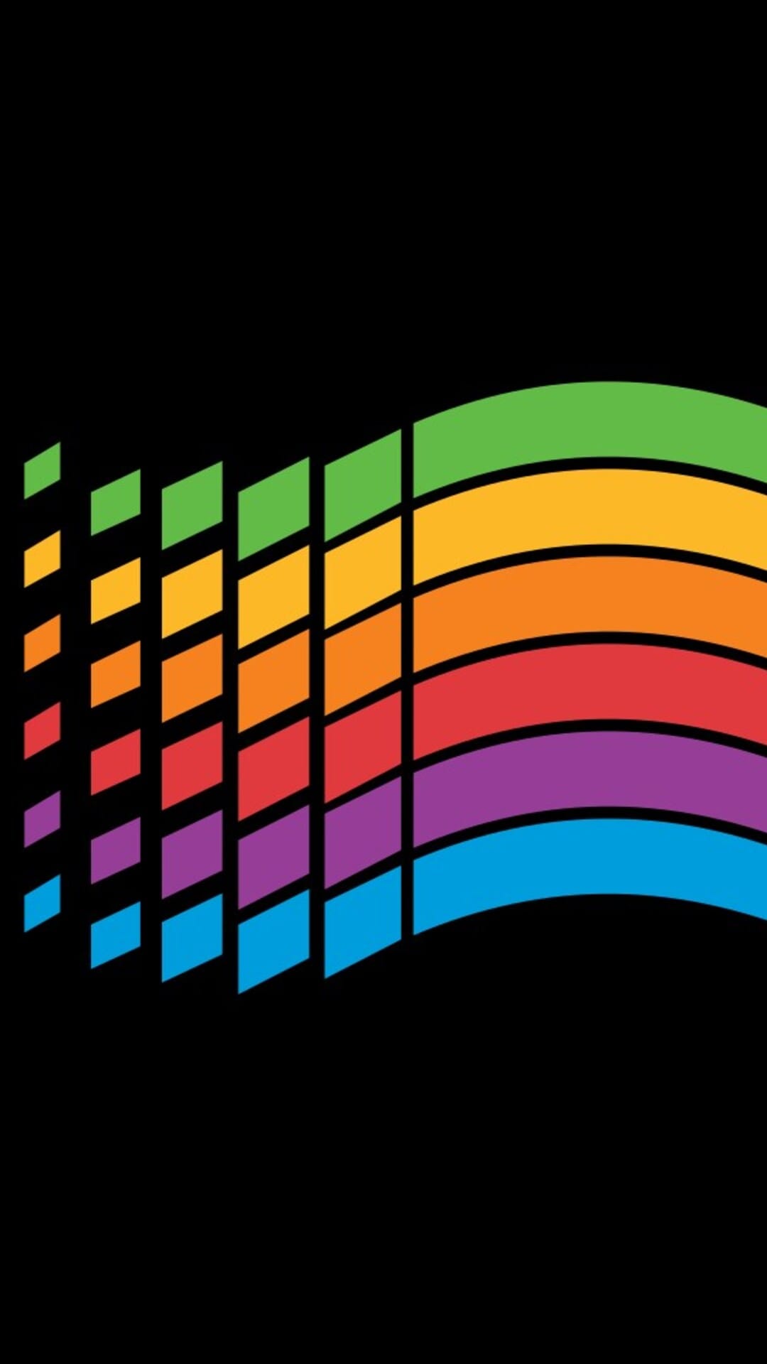 Rainbow colored square pixels forming a flowing wave pattern centered on a solid black background for mobile.