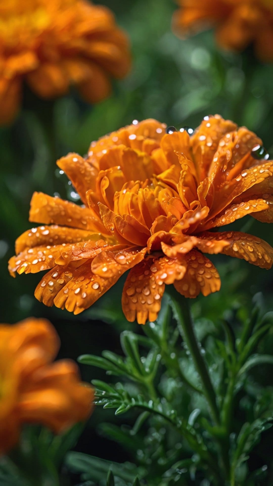 Orange marigold blossom covered in glistening dew drops with a soft-focus green garden in the background.