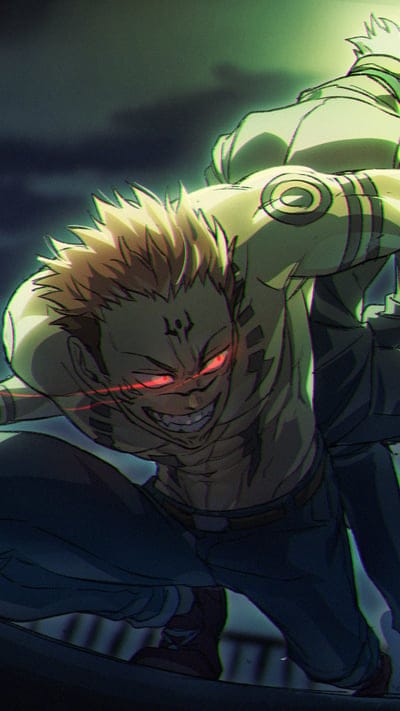 Jujutsu Kaisen, Ryomen Sukuna, demon, powerful, king of curses, red eyes, iconic, anime, character, fan art, menacing, Yuji Itadori, dark, brutal, manga, Shibuya, cursed spirit, evil, cool, action