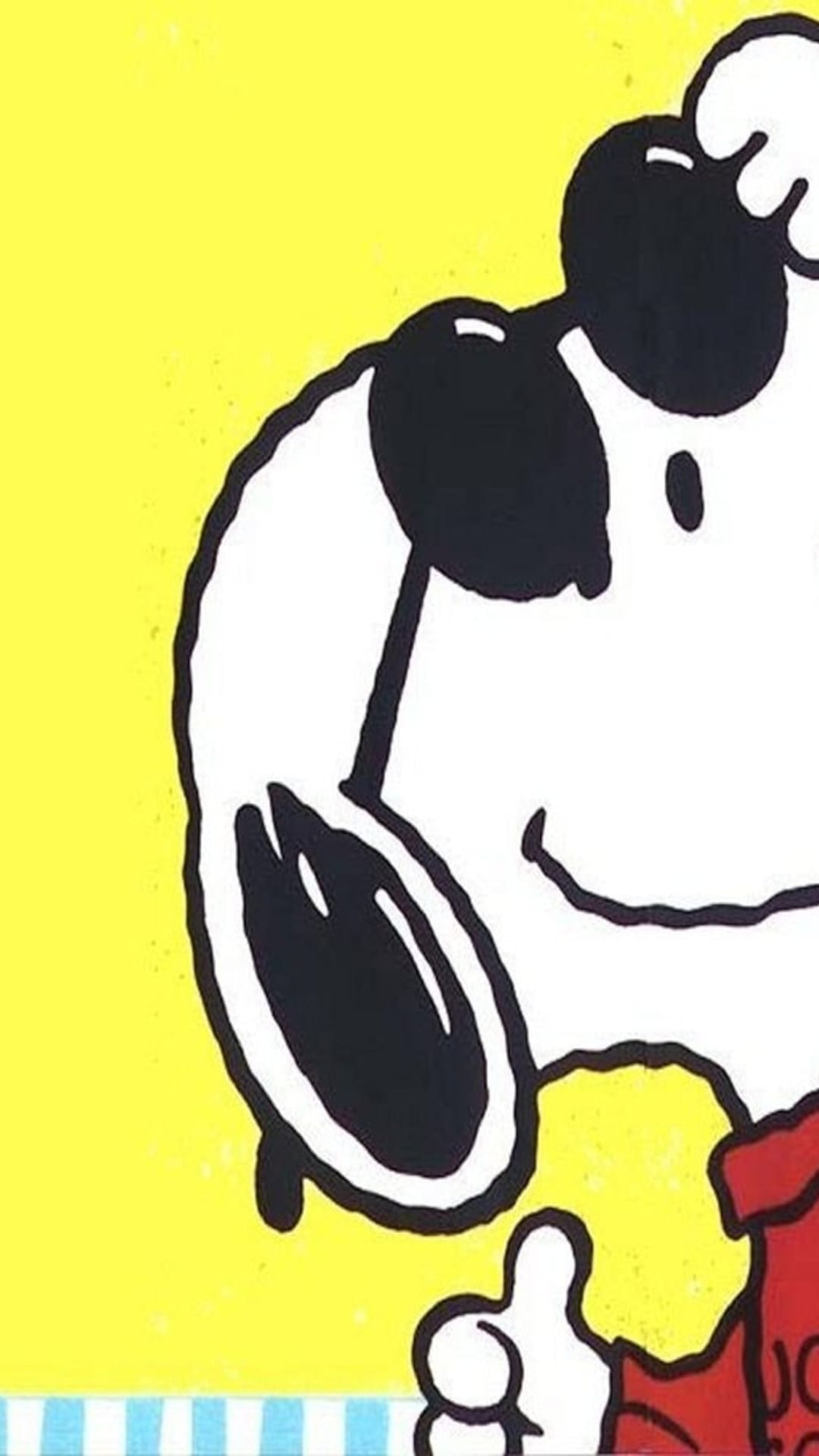 Snoopy wearing black sunglasses with a wide smile against a solid yellow background and a hint of a red shirt.