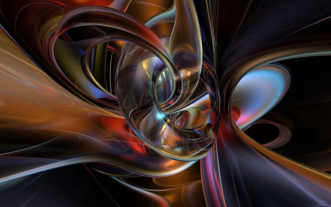 Orange and blue metallic swirls intertwine against a black background with deep high-gloss surface reflections.