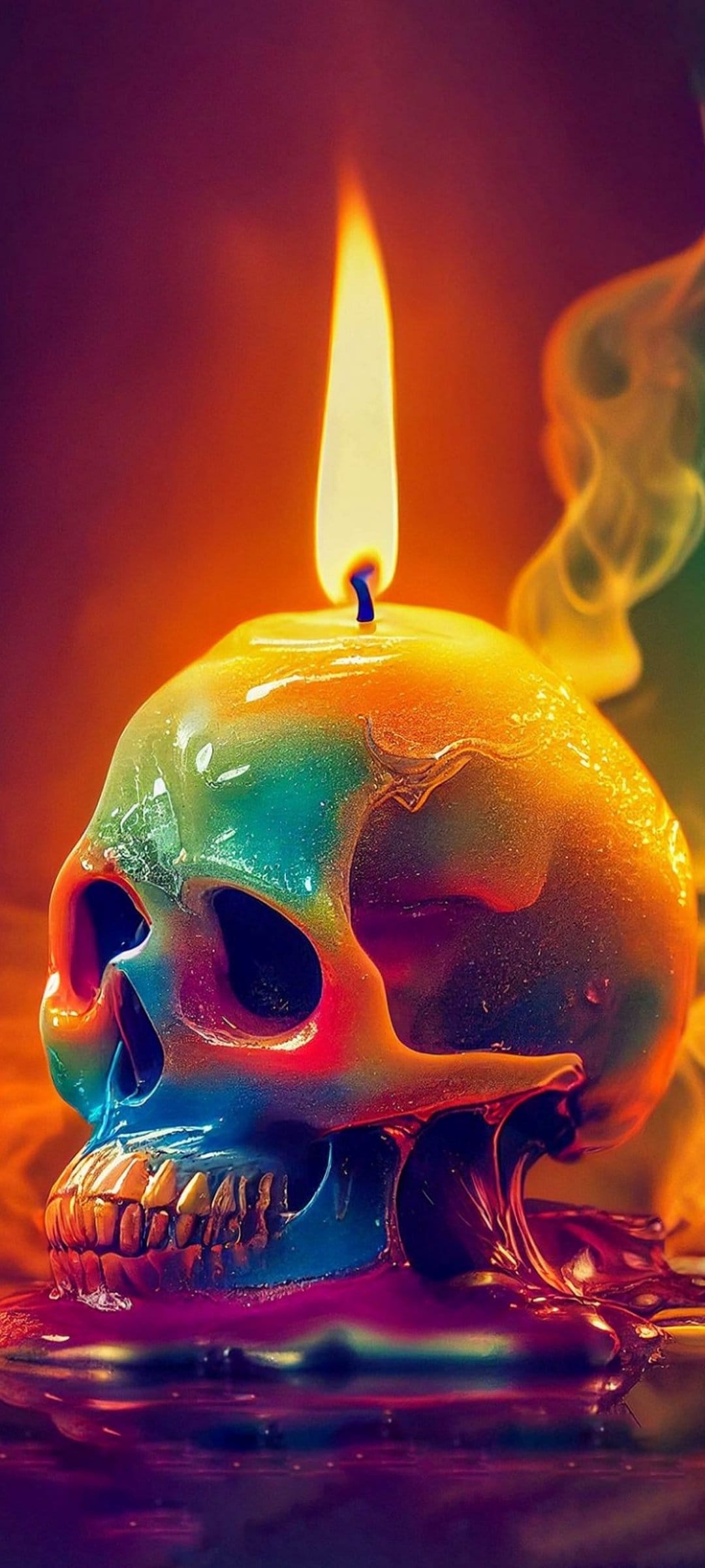 Skull-shaped candle with a flickering flame and multi-colored wax melting into a pool of blue and orange hues.