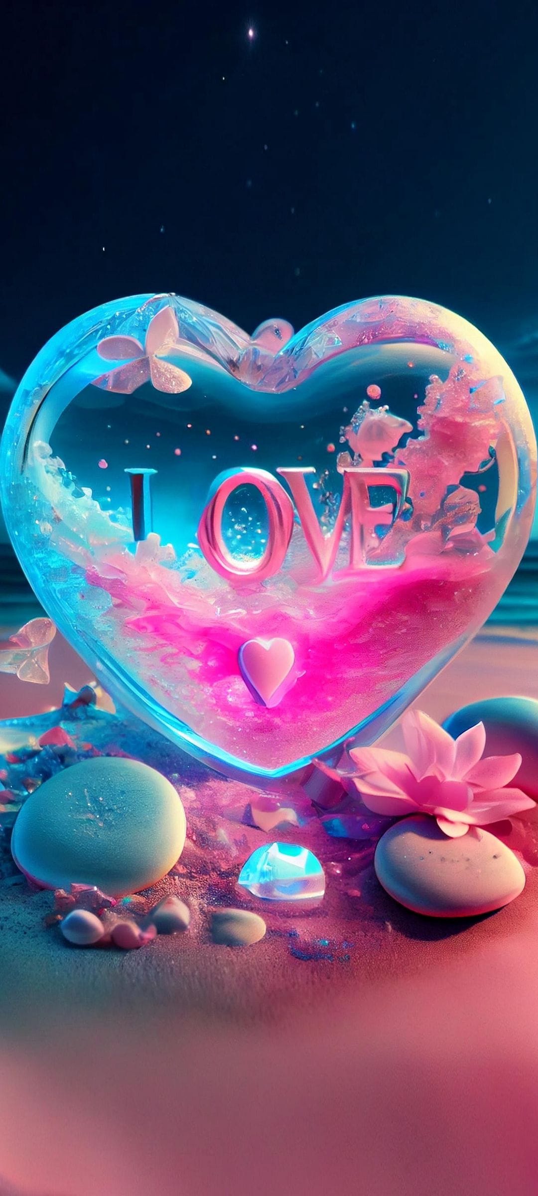 Glowing heart-shaped glass with pink cosmic dust, butterflies, and sparkling stars against a dark night sky.