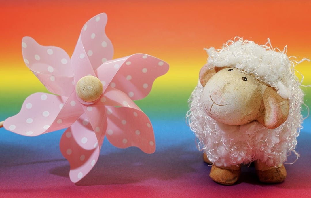 Pink polka-dot pinwheel stands beside a woolly white sheep figurine against a colorful rainbow gradient backdrop.