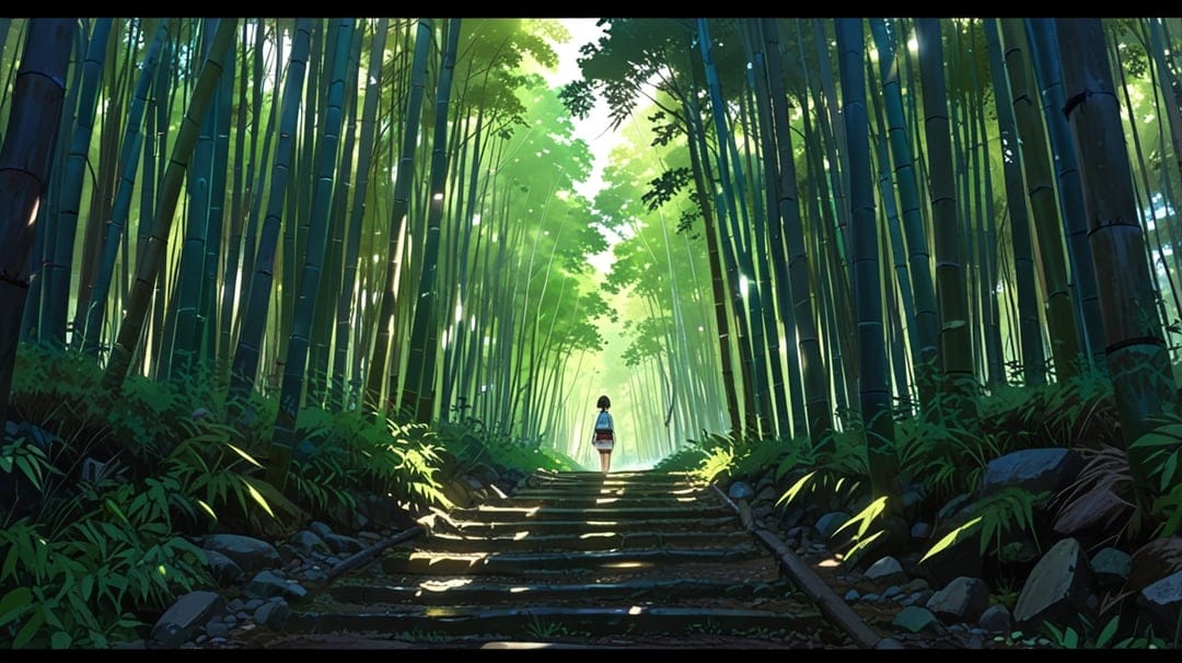 Girl in a dress walks up weathered stone stairs surrounded by tall green bamboo stalks and filtered sunlight.