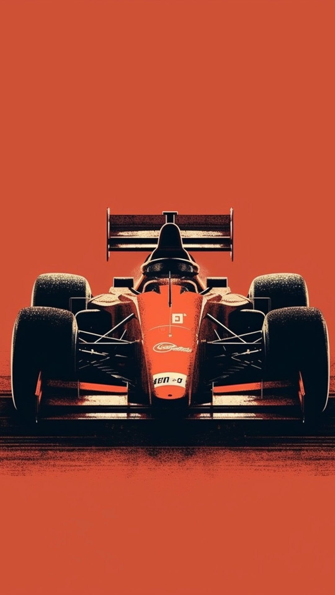 Front-facing orange Formula 1 race car with a wide front wing and sleek tires against a solid orange background.