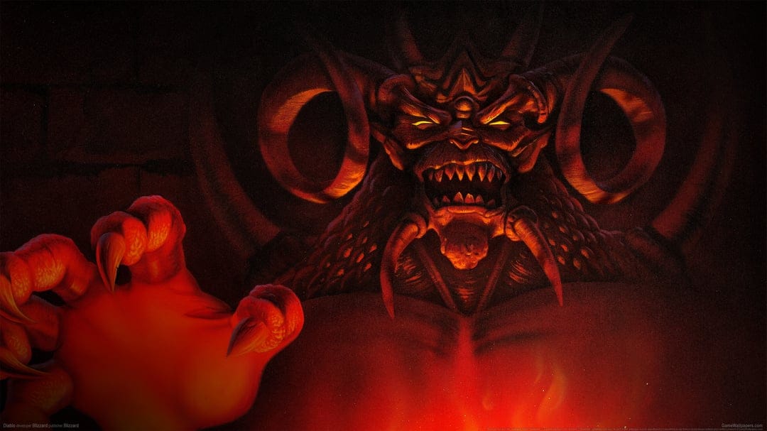 Demonic face with large horns and glowing yellow eyes reaching out with a sharp clawed hand in red hellfire light.