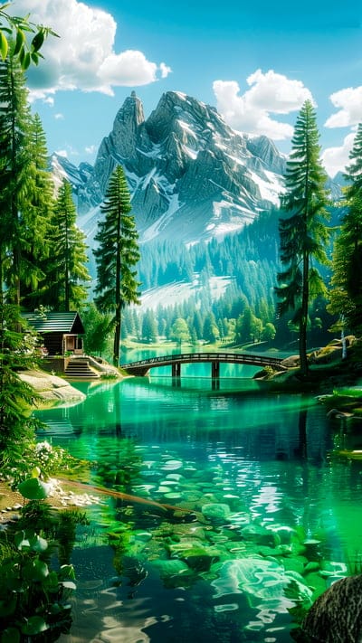 bridge,house,lake,mountain,trees,nature