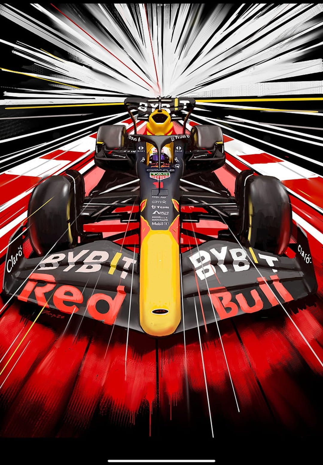 Red Bull Formula 1 car racing with intense horizontal motion blur and glowing red light streaks on the track.