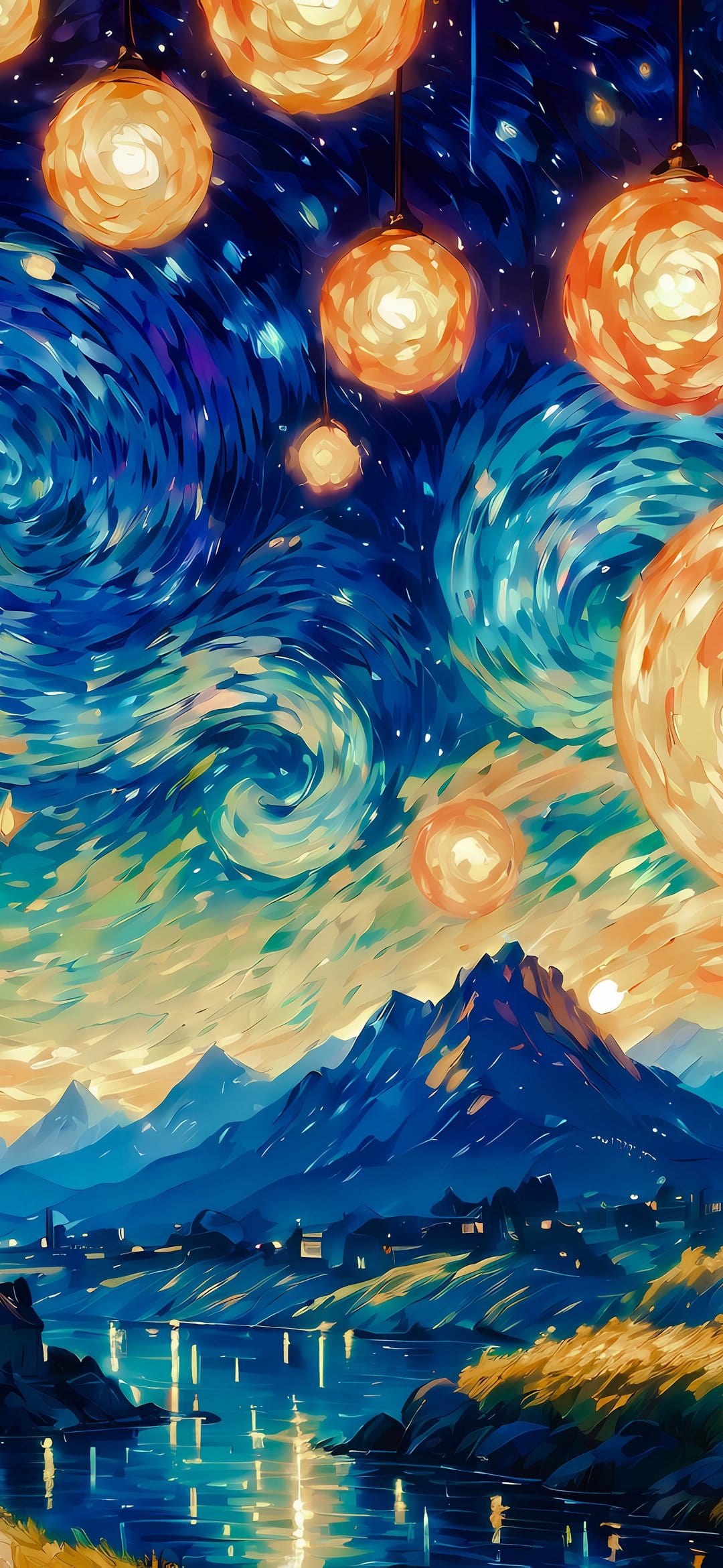Glowing orange lanterns float above a dark mountain lake under a swirling blue and yellow impressionist night sky.