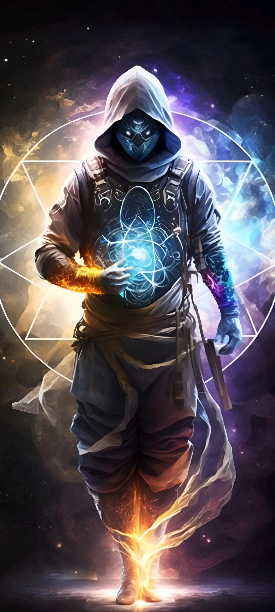 Hooded sorcerer holding a blazing orange fire and a swirling blue orb against a celestial geometric backdrop.