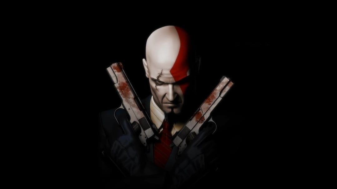 Agent 47 and Kratos hybrid character in a black suit holding two blood-stained pistols against a dark background.