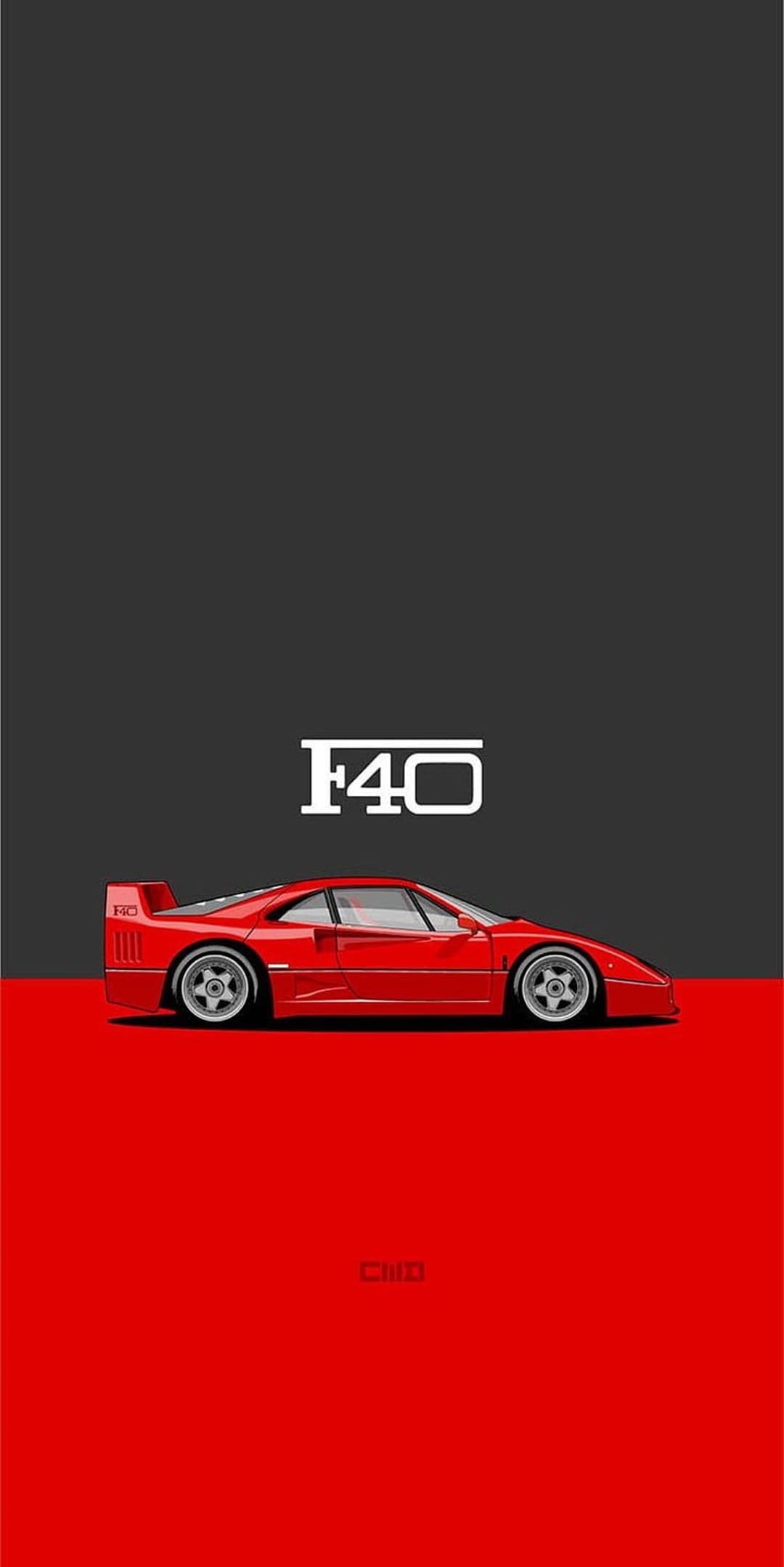 Ferrari F40 silhouette in red on a split charcoal and crimson background with white F40 lettering on top.
