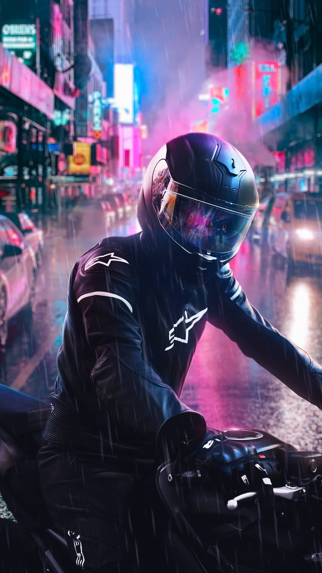Motorcyclist in black leather riding through a rainy cyberpunk street with vibrant neon reflections on wet asphalt.