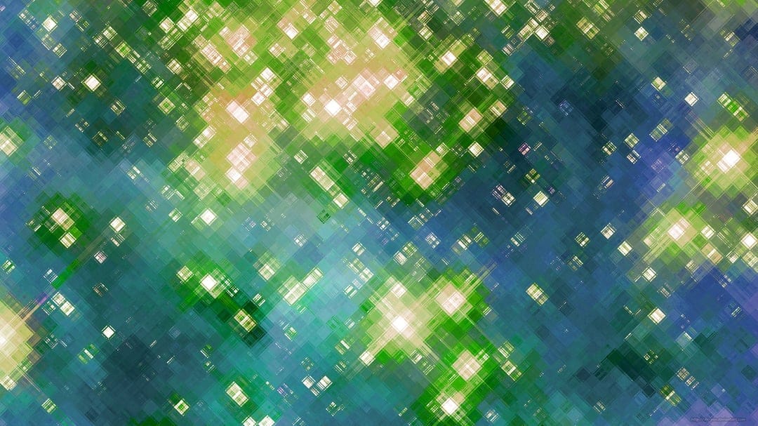 Interlocking emerald and sapphire diamond shapes with glowing highlights and textured, painterly edges.