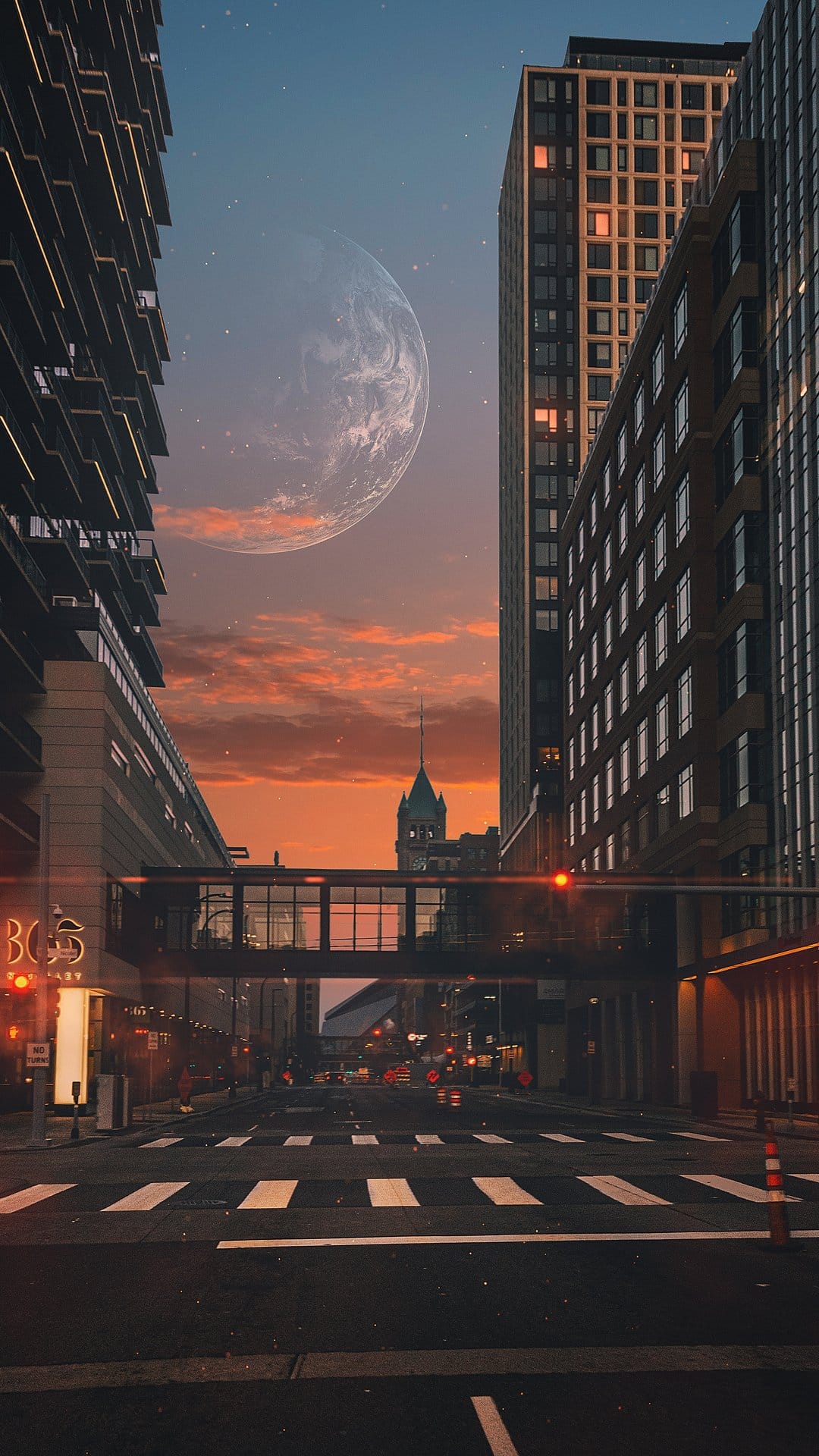 Giant moon hanging over a futuristic skywalk and urban street flanked by tall buildings at orange dusk.