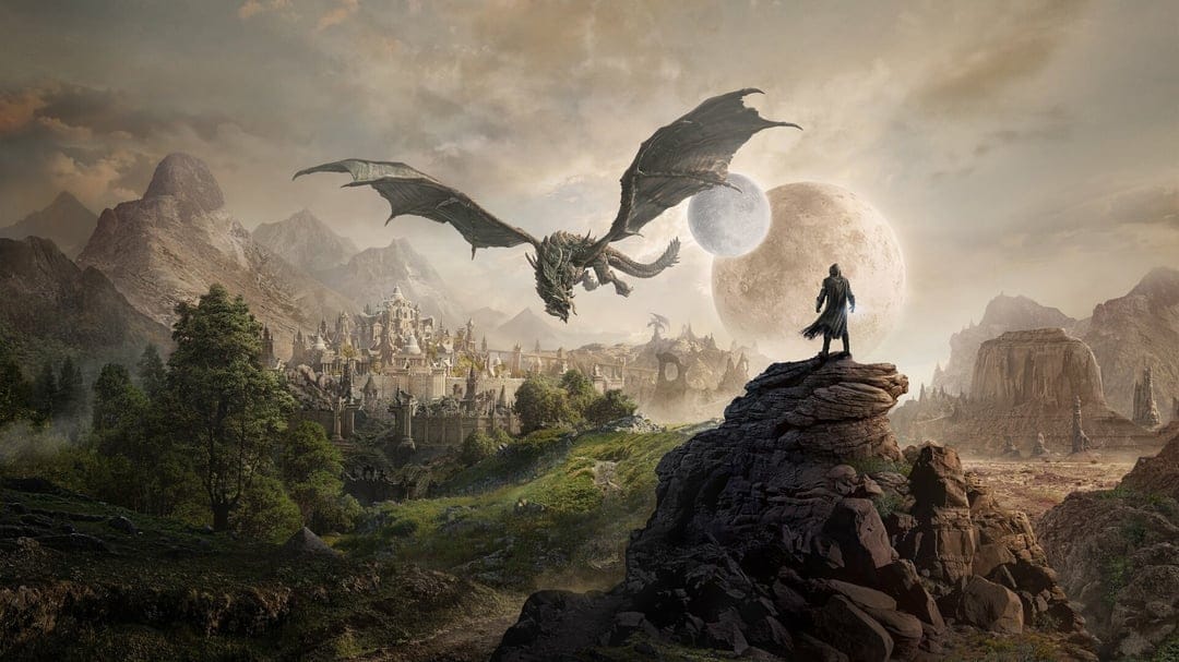 Massive dragon flies above a white fantasy city while a hooded figure stands on a rocky cliff under two moons.