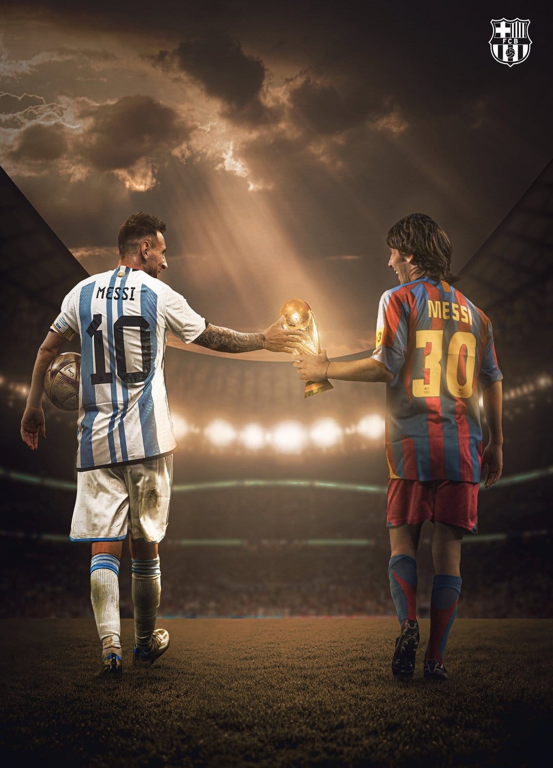 Lionel Messi in an Argentina kit hands a gold trophy to a younger version of himself in a Barcelona jersey.