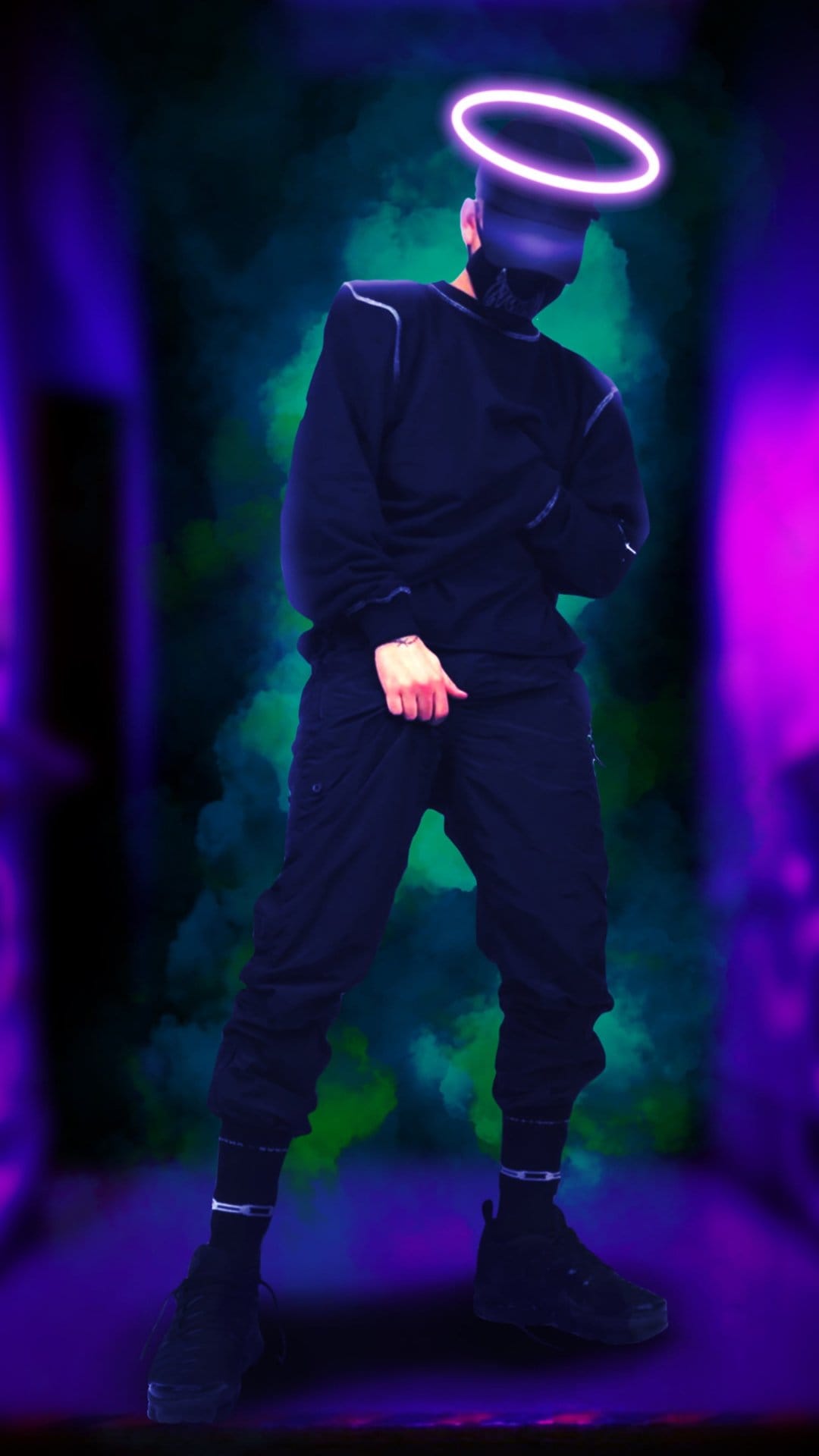 Masked figure in black clothing floats in a neon green smoke-filled hallway under a glowing purple ring halo.