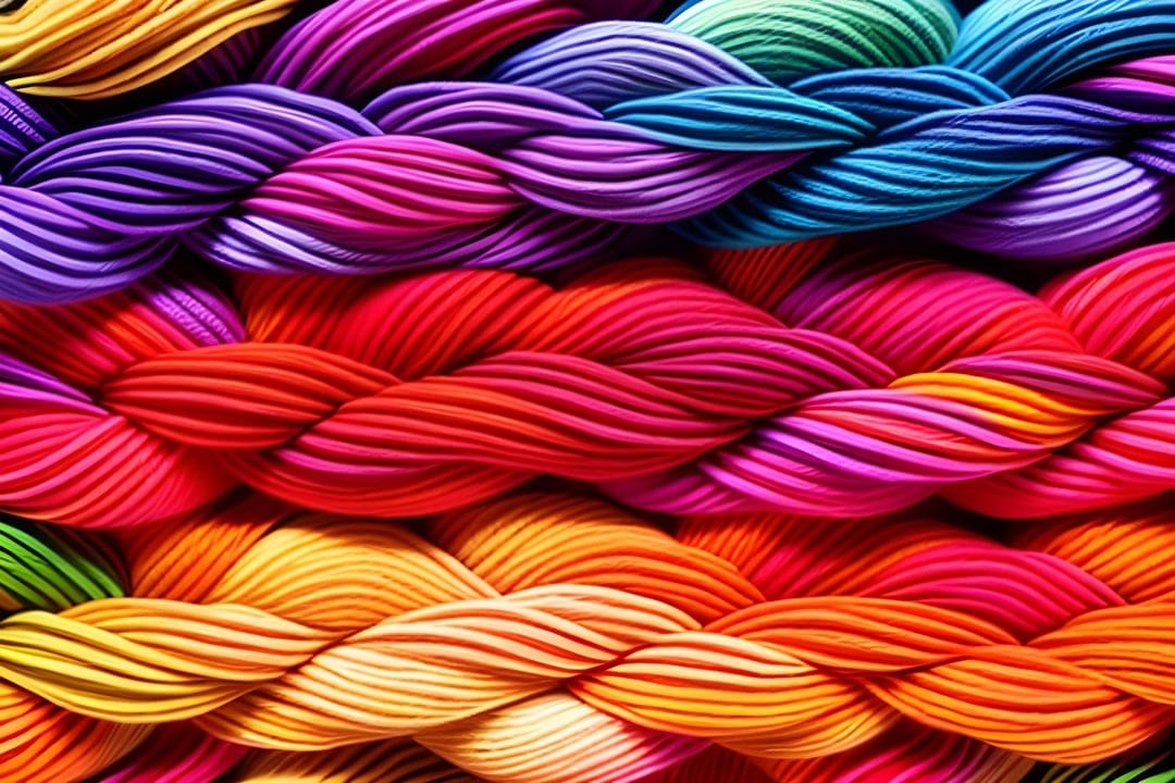 Braided yarn strands in a spectrum of rainbow colors overlap to create a dense, textured macro textile pattern.