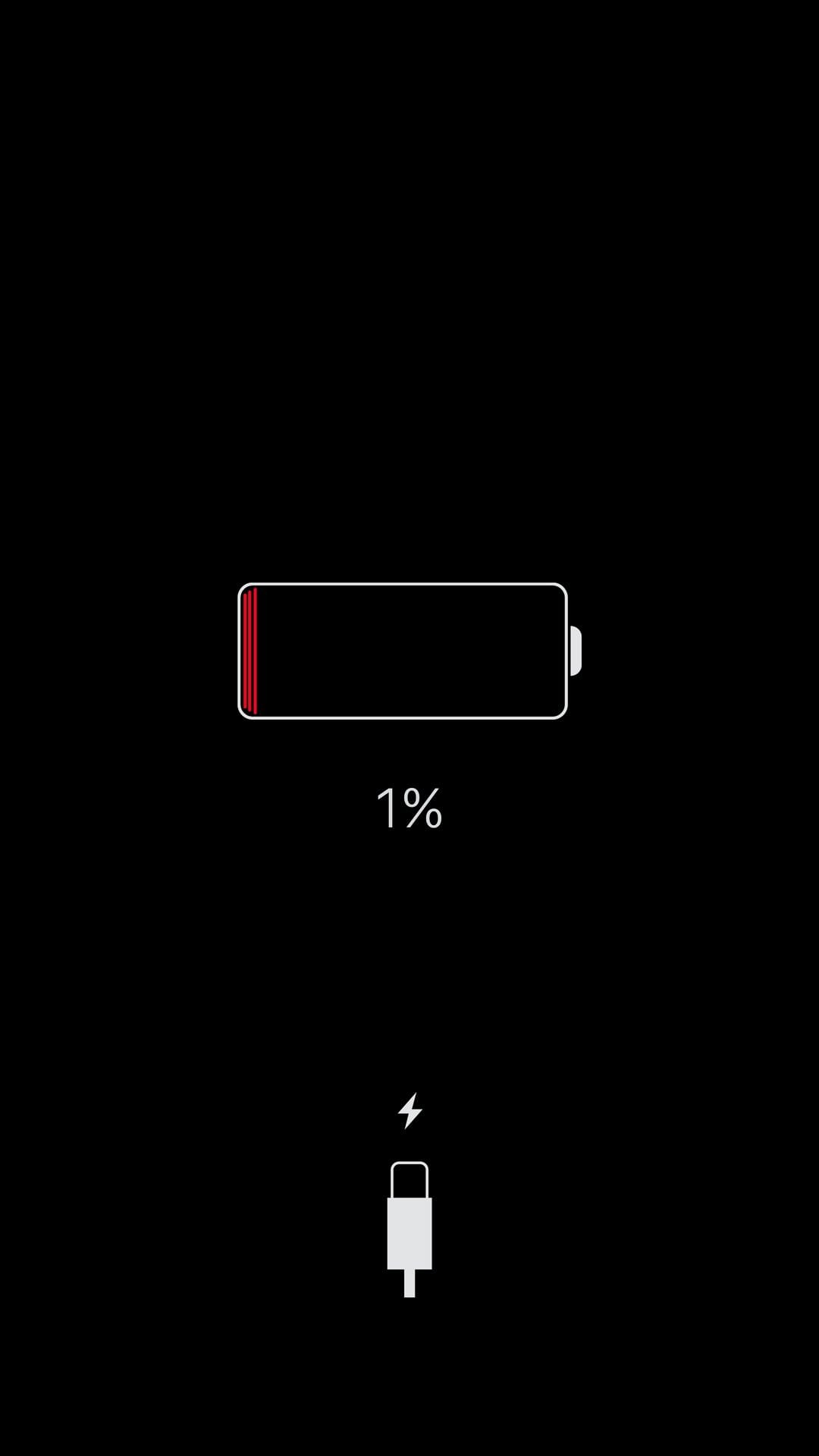 Low battery icon showing one percent power with a white lightning bolt symbol over a solid black background.